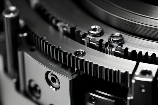 Close-up of industrial metal gears and screws in machinery mechanism