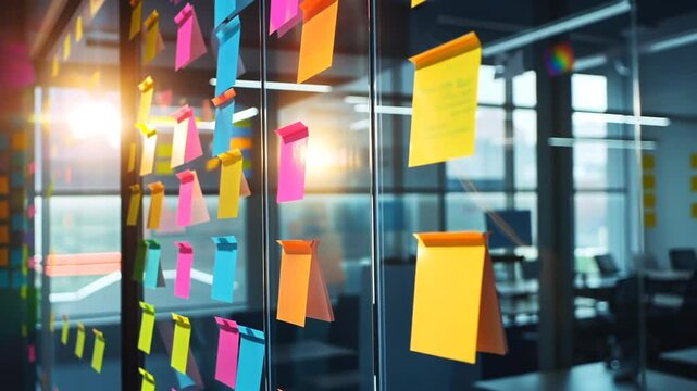 Person arbeitet an bunter Pinnwand mit Notizzetteln