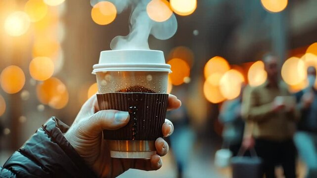 Hand h&auml;lt Kaffeebecher im Gegenlicht