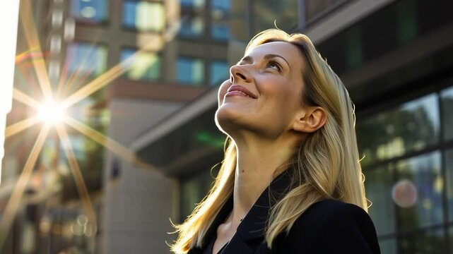 Frau im Sonnenlicht mit Blick nach oben