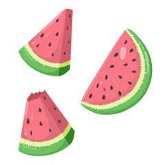 Watermelon icons set. Vector cartoon collection of ripe fruit pieces, halved and triangular slices, rind, seed. Fresh green organic fruit. Sweet desserts. Healthy vegan food