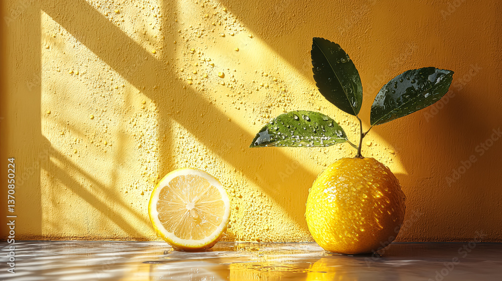 Aufkleber lemon and a lime are sitting on a table. the lemon is cut in half and the lime is whole. the table i