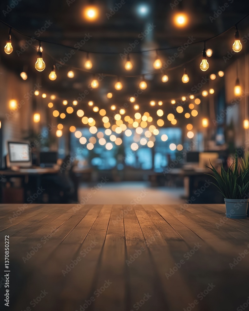 Poster warm ambiance in modern office space with wooden table and string lights creating a cozy atmosphere 