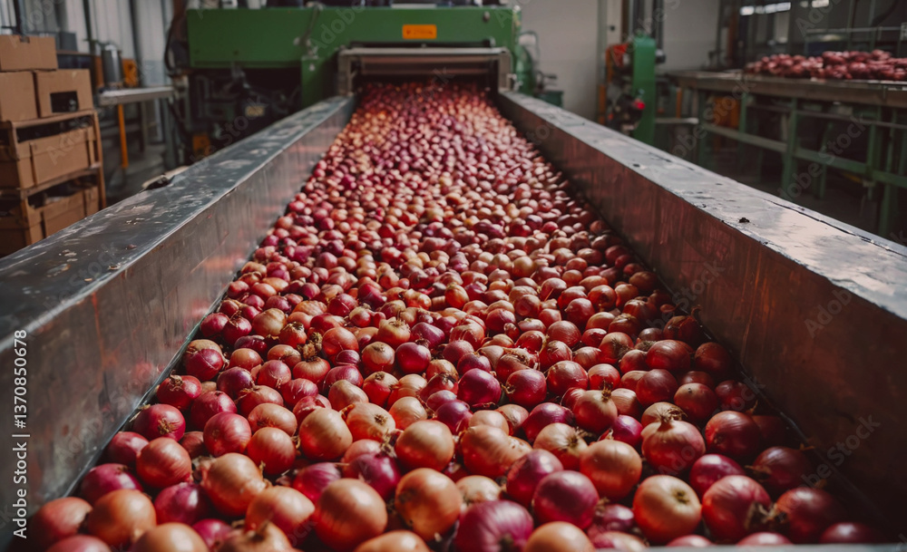 Aufkleber conveyor belt with a large pile of apples on it. the apples are red and green