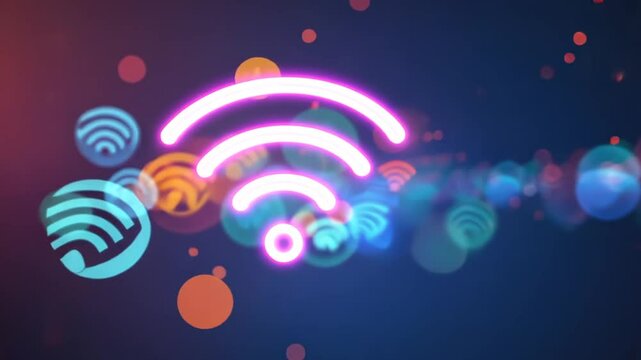 WLAN Symbol mit Neonfarben auf digitaler Datenfl&auml;che