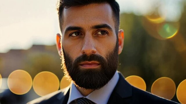 Mann mit Bart im Anzug bei Tageslicht