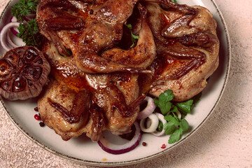 fried, quail meat, tobacco (tapaka), with spices, homemade, no people,
