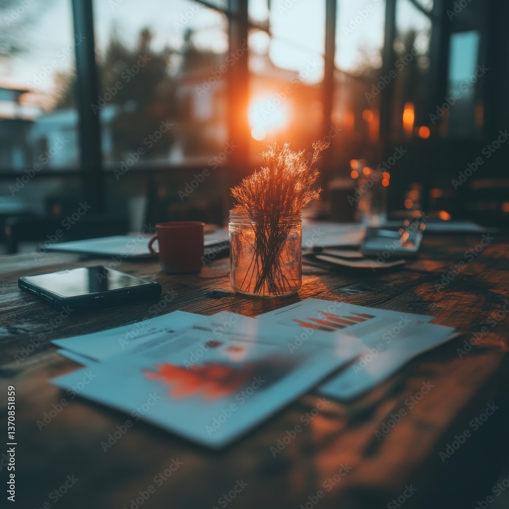 Poster golden hour workspace essentials minimalist creative studio with sunset-inspired productivity, blend
