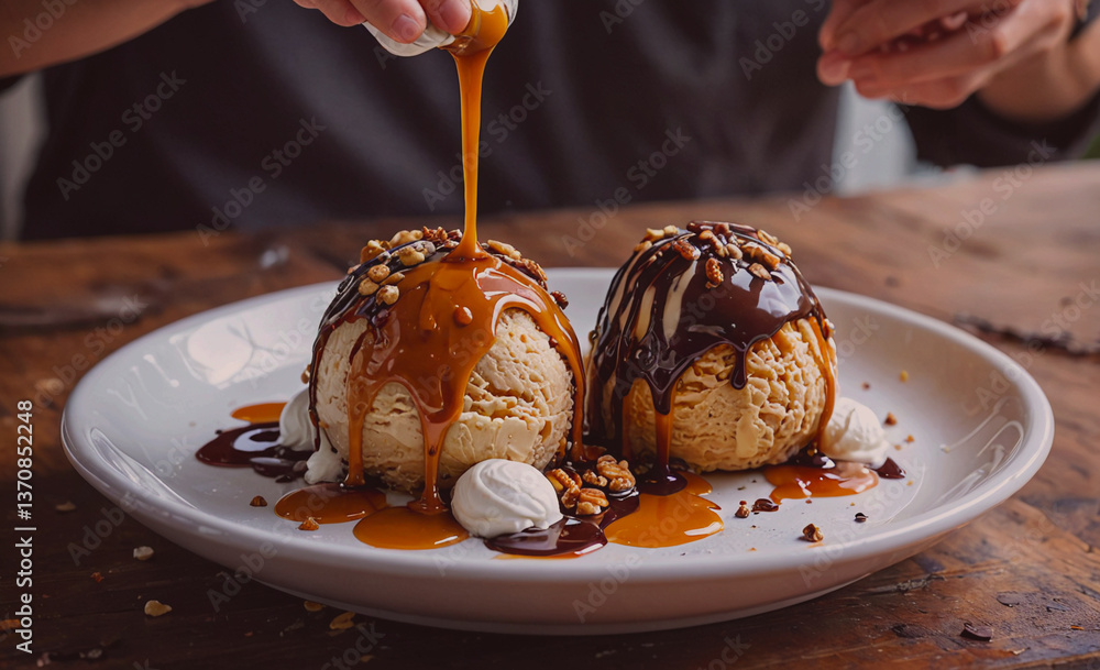 Aufkleber plate of ice cream with caramel sauce on top. the ice cream is brown and has nuts on top