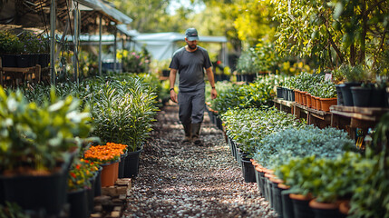 Gardener in greenhouse, plants, sunny day