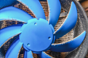 Extreme close-up of a dusty CPU cooler and heatsink clogged with thick dust — a strong visual...