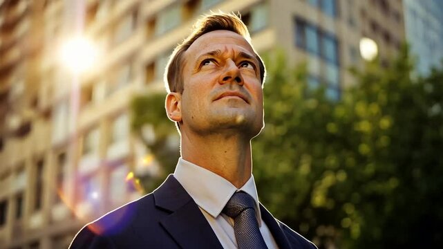 Mann blickt hoffnungsvoll in den Himmel