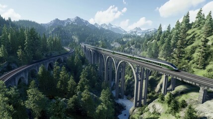 High-Speed Train Traversing a Viaduct Amidst Lush Greenery and Distant Mountains