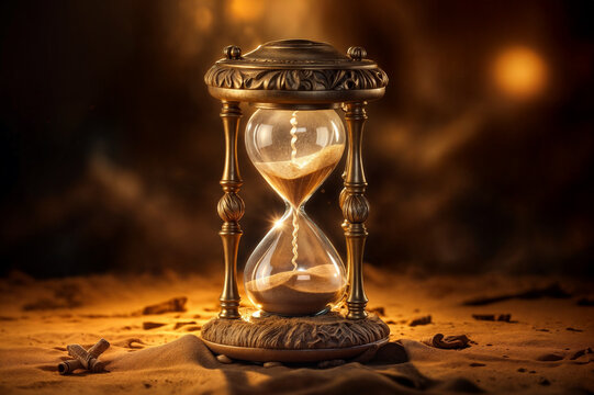 Vintage hourglass, golden sand, warm lighting, rustic surface, antique brass, dramatic shadows, bokeh effect, amber tones, nostalgic atmosphere
