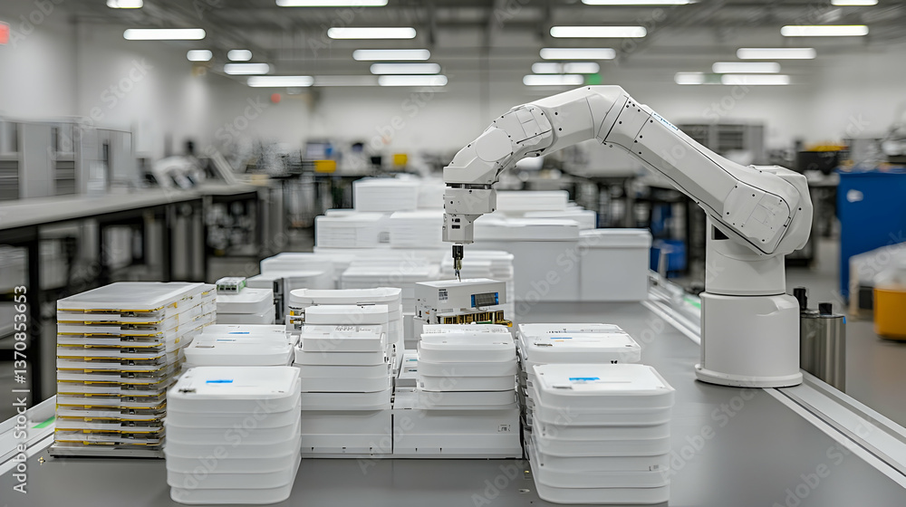 Poster robotic arm assembling white components in modern factory
