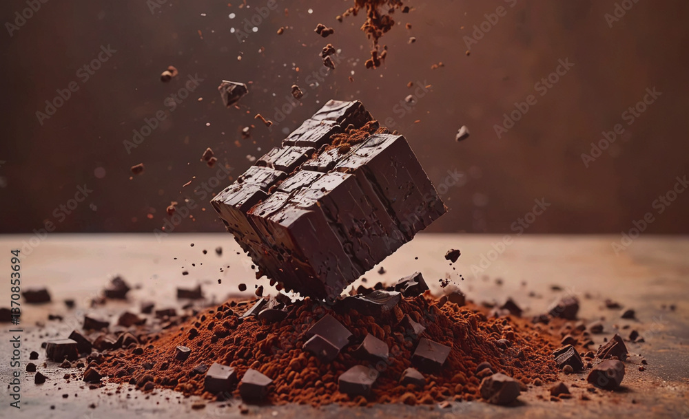 Poster chocolate bar is on a table with a pile of chocolate chips. the chocolate bar is broken into pieces