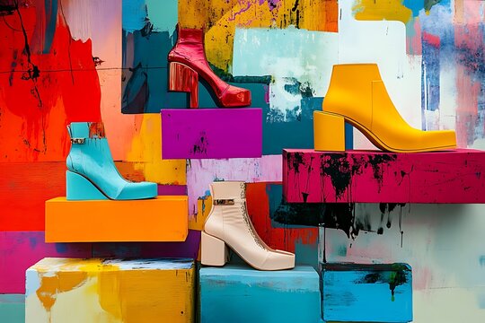 An artsy image of colorful platforms juxtaposed with abstract art, celebrating modern art culture and fashion innovation. - Powered by Adobe