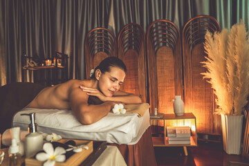 Caucasian woman customer enjoying relaxing anti-stress spa massage and pampering with beauty skin...