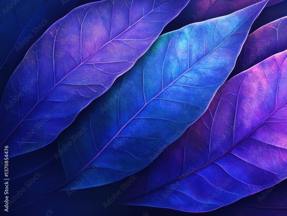 Poster abstract close up of vibrant purple and blue leaves creating a calming nature background with a macr