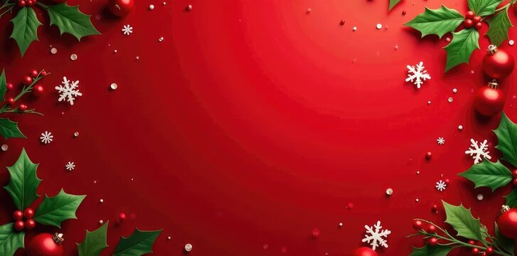 Snowflakes falling gently on a red festive background, holly, decorations