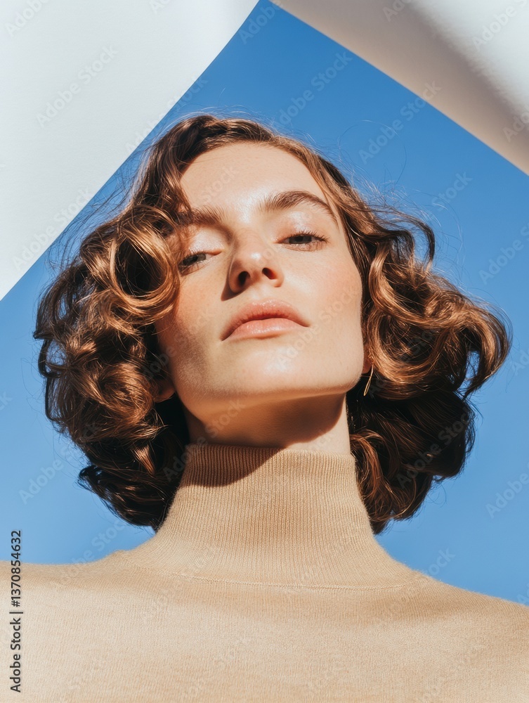 Aufkleber soft minimalism curly-haired model embodying gen z serenity with geometric color block styling - con