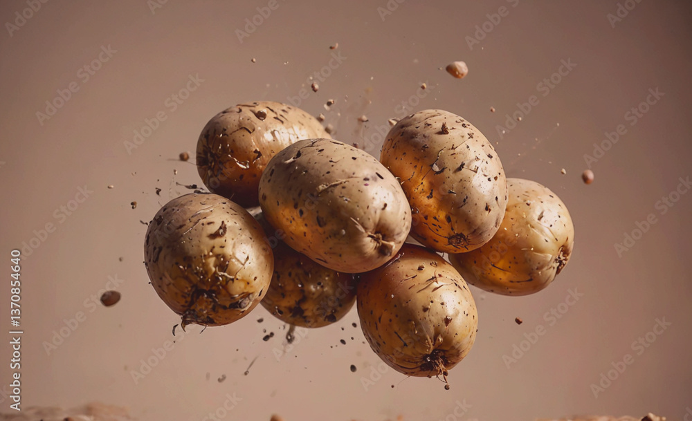 Poster bunch of potatoes are shown in the air. there are six of them. they are all different sizes