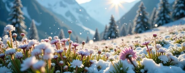 Snowflakes gently fall on alpine meadow's wildflowers, frosty, winter