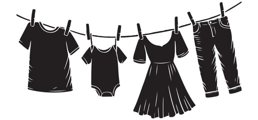 Clothesline Silhouette Vector Graphic Hanging Garments and Apparel Items