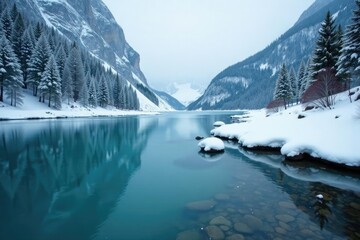 Snowflakes gently fall on the serene waters of a mountain river, Frozen Waters, snow