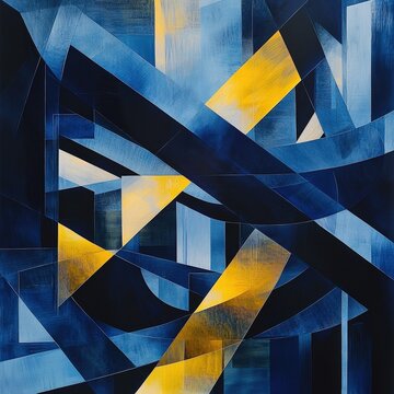 Fototapeta Abstract geometric composition with blue and yellow shapes creating dynamic depth