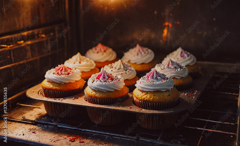 Poster tray of cupcakes is in an oven. the cupcakes are frosted and have sprinkles on top