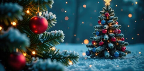 Spheres and stars adorn a frosty evergreen Christmas tree, branches, glittering, stars