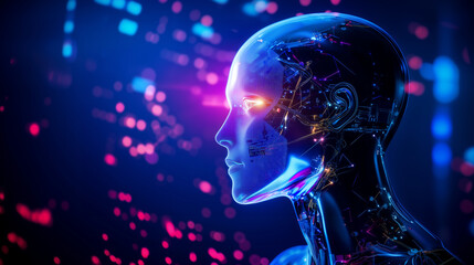 A hyper-realistic humanoid robot with a radiant, colorful display on its face, representing the next generation of AI-powered machines. humanoid robot, AI-powered machine, futurist