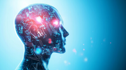Obraz premium A humanoid robot head designed with artificial intelligence, symbolizing the future of robotics and digital technologies. This image captures the breakthrough in AI, robotics, and