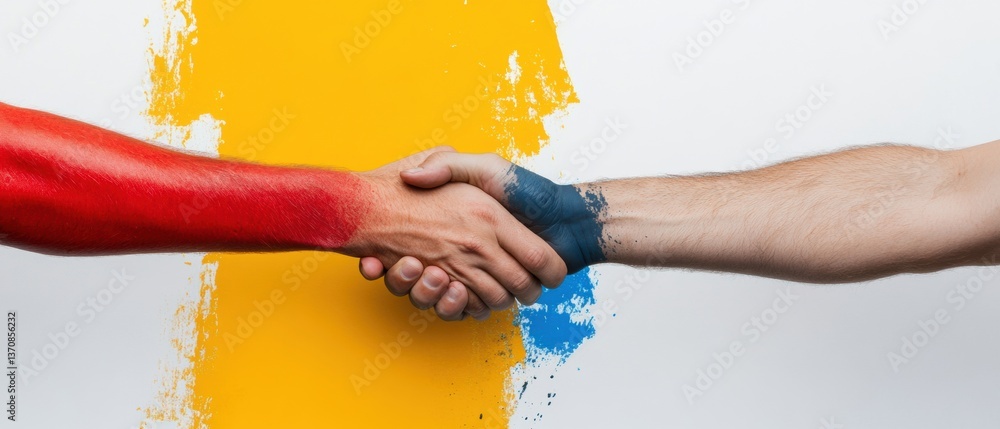 Leinwandbilder Global Unity Reimagined Minimalist Handshake in Bold Color-Block Design Symbolizing Cross-Cultural Collaboration and Inclusive Business Innovation