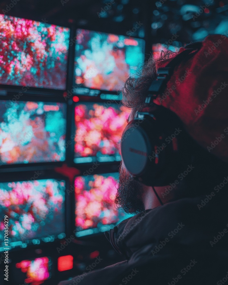 Leinwandbilder immersive media control cyberpunk-inspired multiscreen visual analytics hub - next-gen digital produ