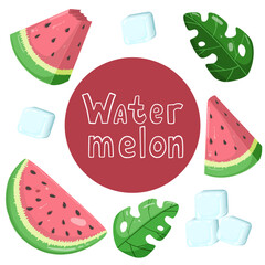 Watermelon icons set with lettering. Vector cartoon collection of ripe fruit pieces, halved and triangular slices, with ice and leafs, rind, seed. Fresh green organic fruit. Sweet desserts. Healthy