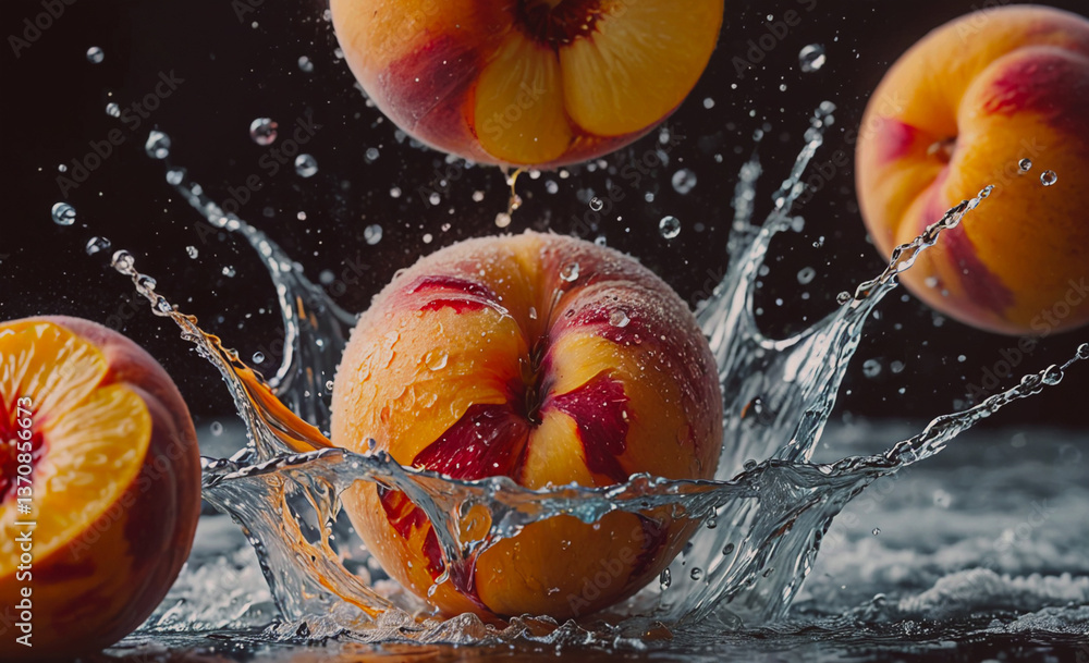 Poster Peach is in the middle of a splash of water. There are three other peaches in the splash