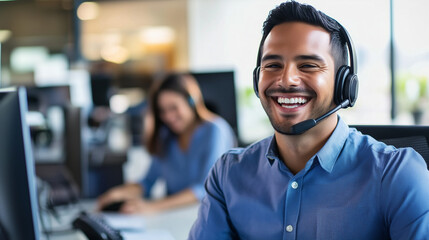 A confident and approachable Hispanic man in a professional call center setting, wearing a headset and laughing while assisting a customer. His friendly and engaging expression hig