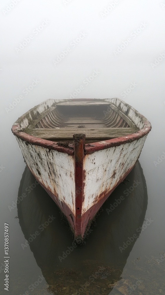 Poster ethereal view of old weathered rowboat floating in misty water reflecting serene mood and tranquil s
