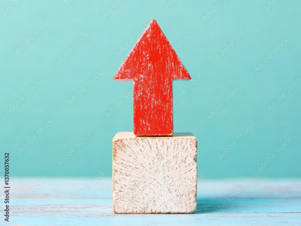 Poster strategic growth visualization minimalist red arrow rising on textured block - adaptive leadership a