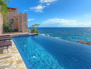 Fototapeta premium Serene Infinity Pool Overlooking the Azure Ocean with Stone Architecture Under a Bright Blue Sky Vacation Escape