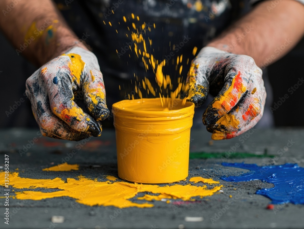 Aufkleber tactile creativity unleashed dynamic yellow pigment splash in artisan craft workshop - expressive ma
