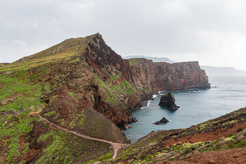 Hiking trail PR8 along dramatic cliffs of Sao Lourenco, Madeira, Portugal