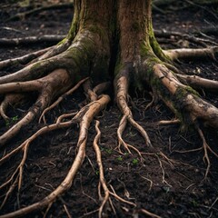 Explore Root Networks: Intricate Tree Anatomy and Soil Texture in Forest Ground Close-Up - Ecological Balance in Natural Habitat