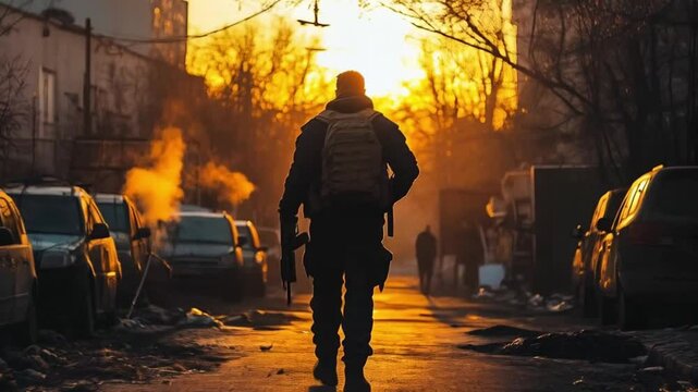 A man with a backpack walking on the street at sunset. Smooth repeating motion for background video animation