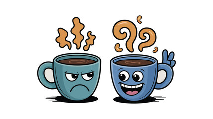 Coffee Emotions: A comical portrayal of coffee cups, one expressing displeasure and the other radiating happiness, offering a whimsical twist on caffeine consumption.