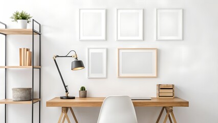 Modern Workspace with Wooden Desk, Chair, Lamp, and Blank Picture Frames on White Wall
