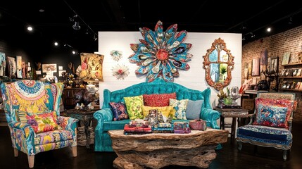 Teal sofa styled with vibrant patterned pillows and armchairs, complemented by eclectic wall art and decor in a boutique setting