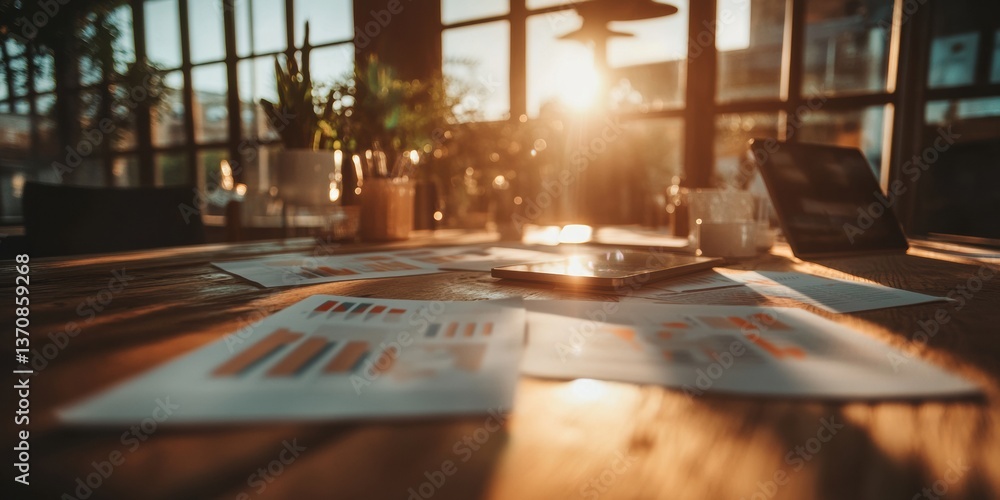 Fototapete Golden Hour Insights Collaborative Data Visualization in Modern Workspace - Adaptive Leadership and Strategic Analytics for Digital-First Organizations